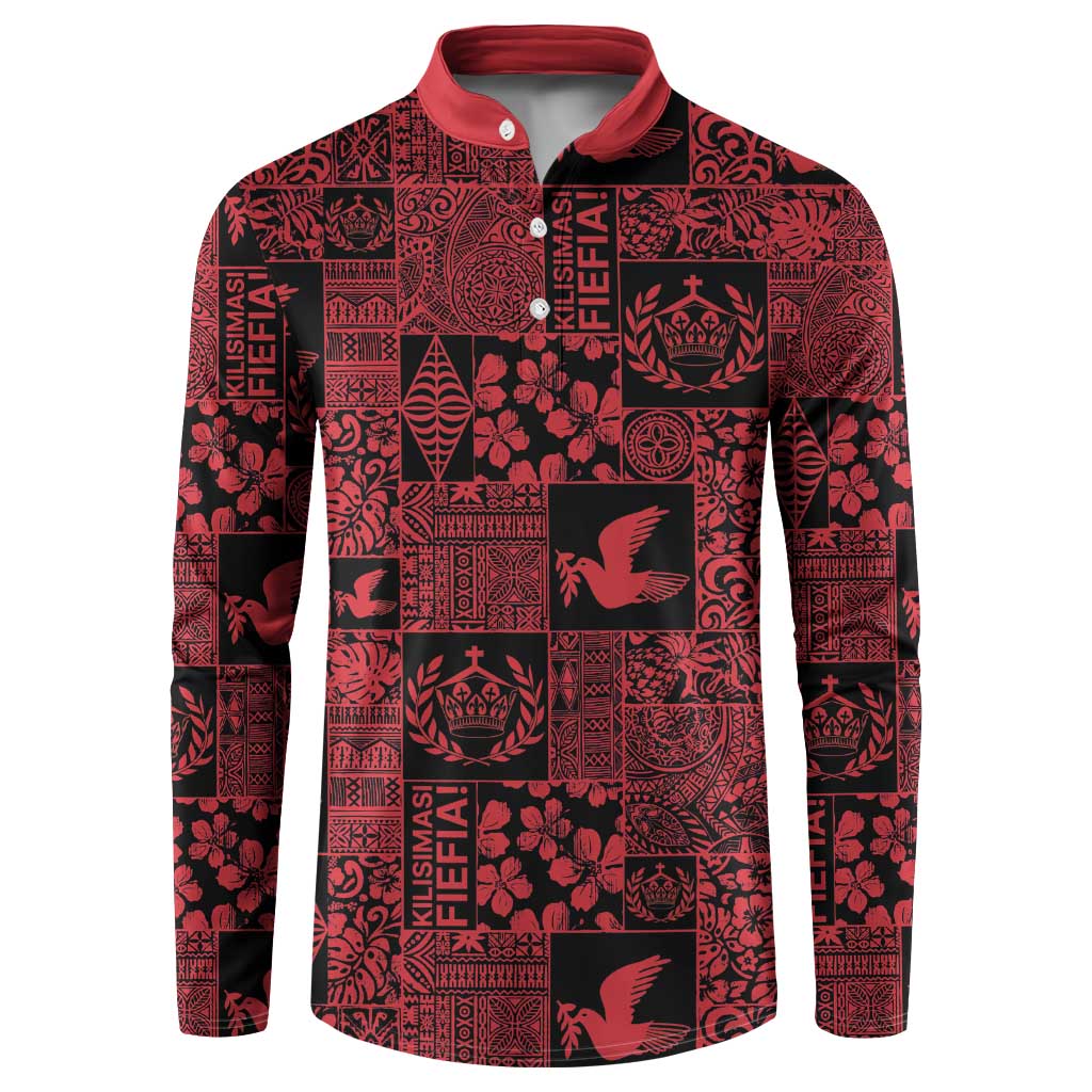 Black Tonga Kilisimasi Fiefia Button Sweatshirt Pacific Patchwork Xmas Vibes LT9 Black - Polynesian Pride