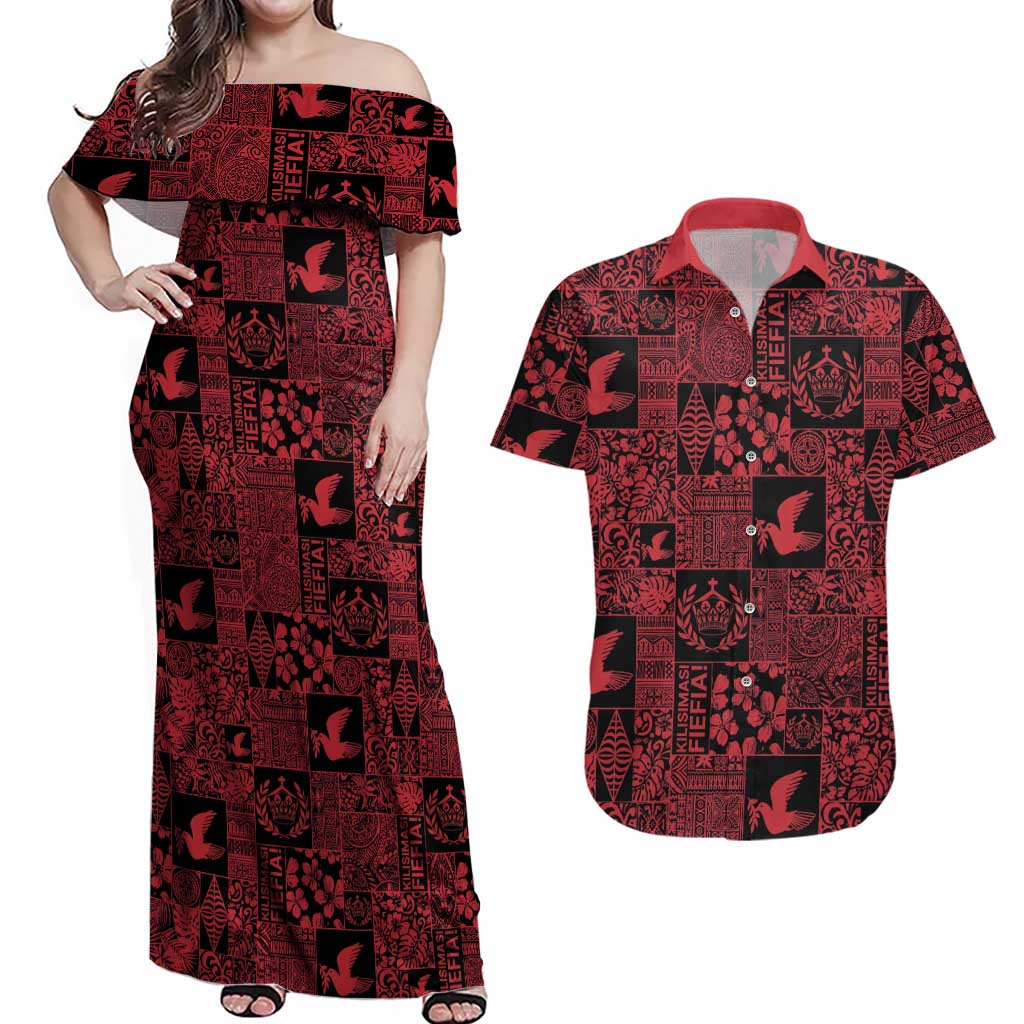 Black Tonga Kilisimasi Fiefia Couples Matching Off Shoulder Maxi Dress and Hawaiian Shirt Pacific Patchwork Xmas Vibes - Polynesian Pride