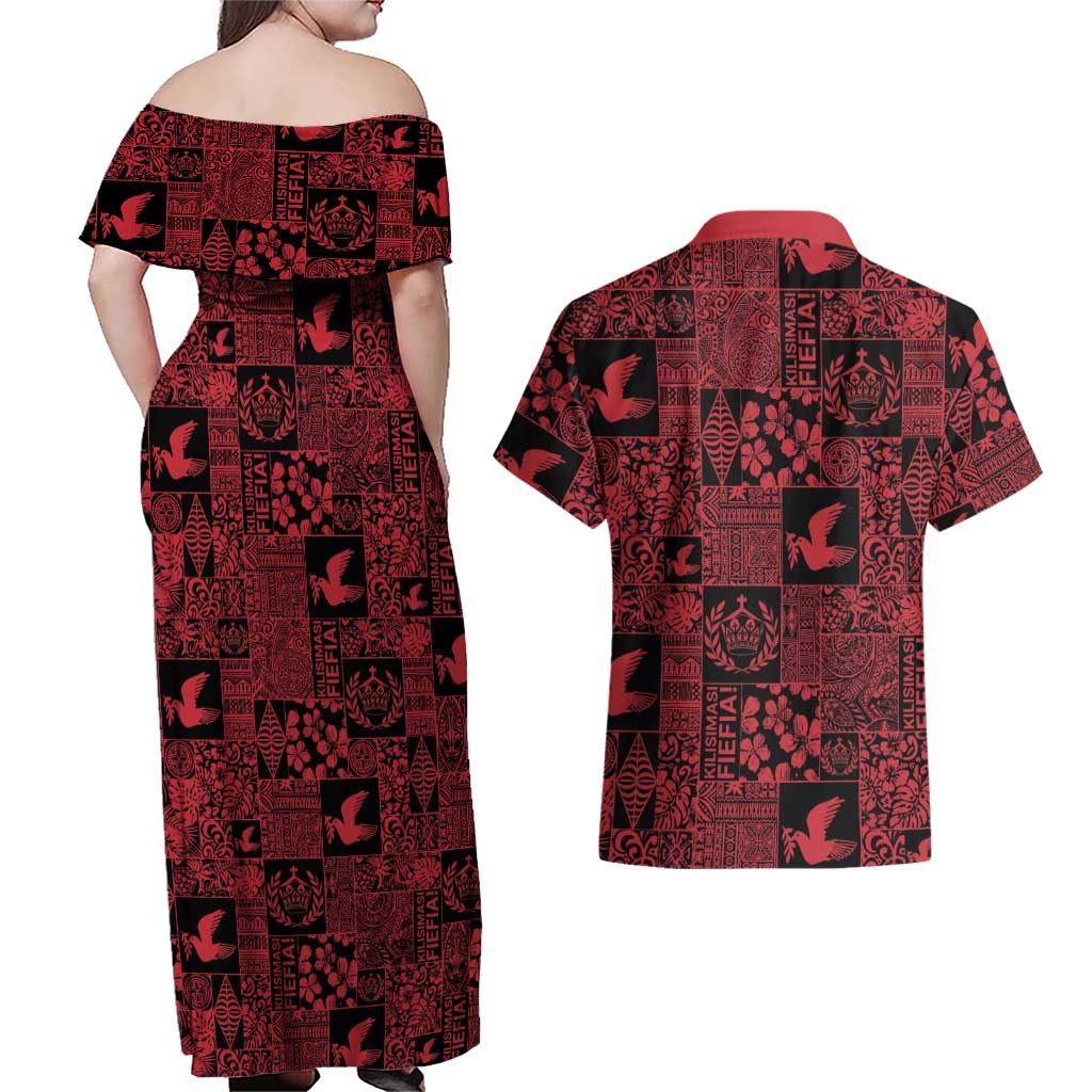 Black Tonga Kilisimasi Fiefia Couples Matching Off Shoulder Maxi Dress and Hawaiian Shirt Pacific Patchwork Xmas Vibes - Polynesian Pride