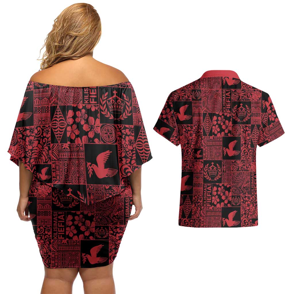 Black Tonga Kilisimasi Fiefia Couples Matching Off Shoulder Short Dress and Hawaiian Shirt Pacific Patchwork Xmas Vibes - Polynesian Pride