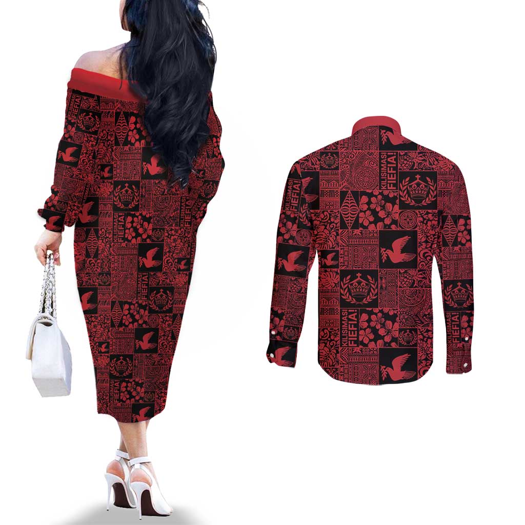 Black Tonga Kilisimasi Fiefia Couples Matching Off The Shoulder Long Sleeve Dress and Long Sleeve Button Shirt Pacific Patchwork Xmas Vibes LT9 - Polynesian Pride