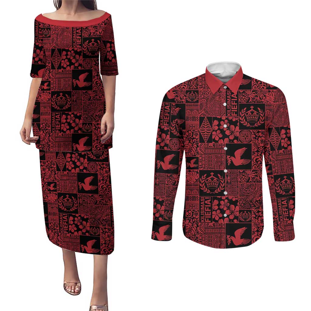 Black Tonga Kilisimasi Fiefia Couples Matching Puletasi and Long Sleeve Button Shirt Pacific Patchwork Xmas Vibes - Polynesian Pride
