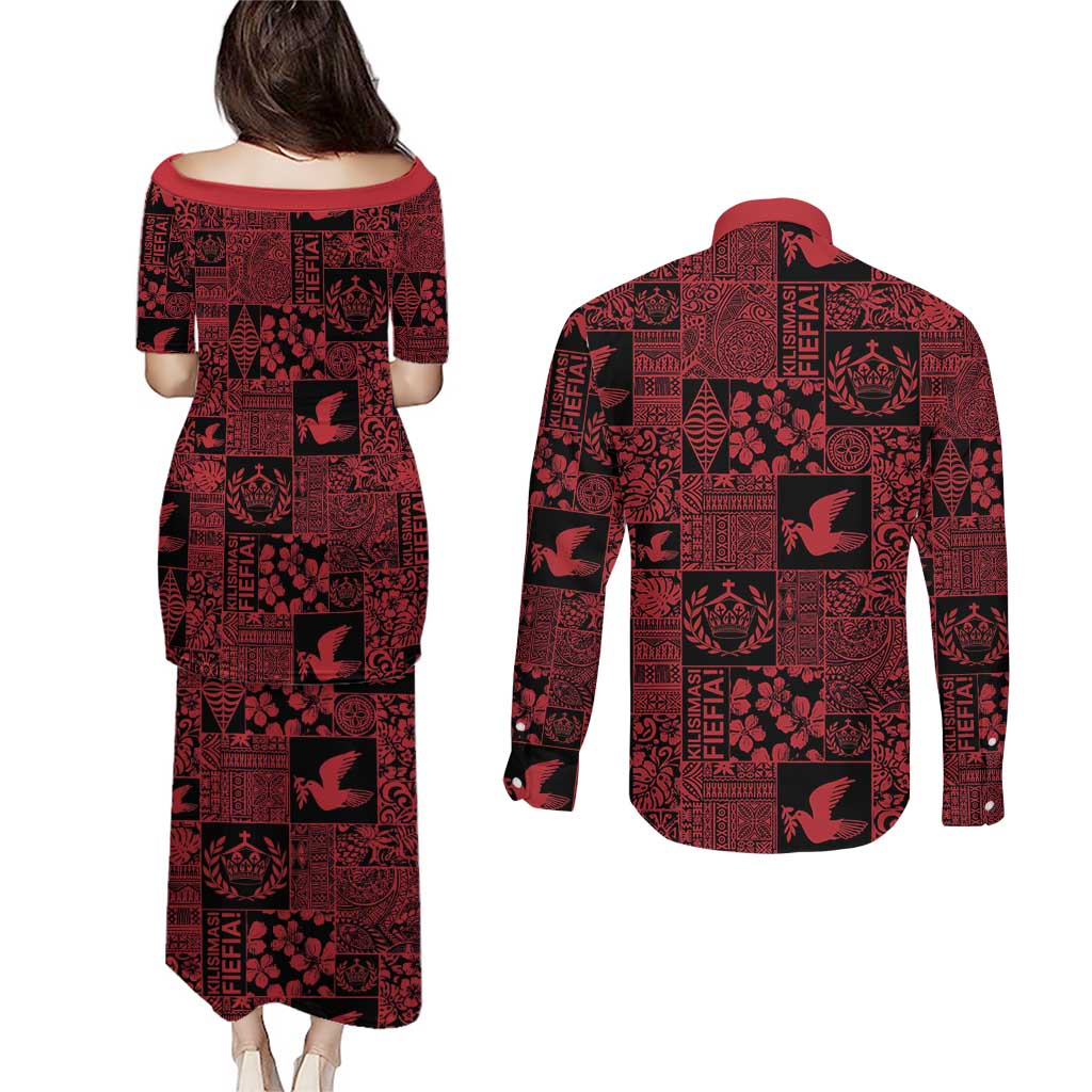Black Tonga Kilisimasi Fiefia Couples Matching Puletasi and Long Sleeve Button Shirt Pacific Patchwork Xmas Vibes - Polynesian Pride