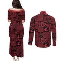Black Tonga Kilisimasi Fiefia Couples Matching Puletasi and Long Sleeve Button Shirt Pacific Patchwork Xmas Vibes - Polynesian Pride