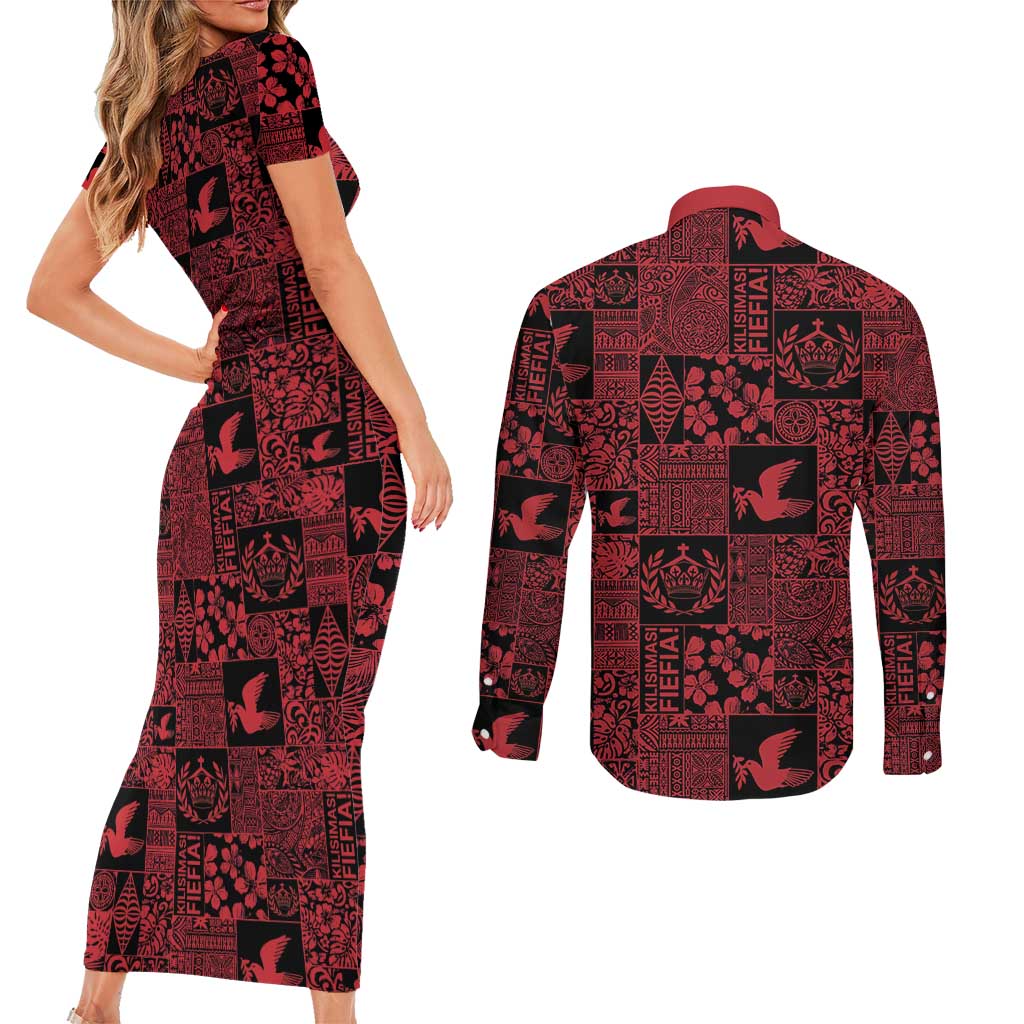 Black Tonga Kilisimasi Fiefia Couples Matching Short Sleeve Bodycon Dress and Long Sleeve Button Shirt Pacific Patchwork Xmas Vibes - Polynesian Pride