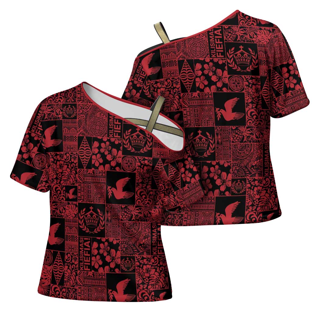 Black Tonga Kilisimasi Fiefia Cross Shoulder Shirt Pacific Patchwork Xmas Vibes - Polynesian Pride