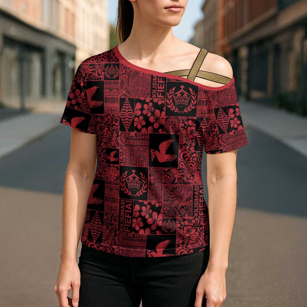 Black Tonga Kilisimasi Fiefia Cross Shoulder Shirt Pacific Patchwork Xmas Vibes - Polynesian Pride
