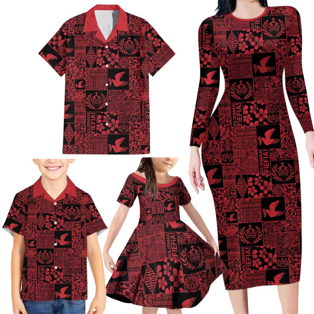 Black Tonga Kilisimasi Fiefia Family Matching Long Sleeve Bodycon Dress and Hawaiian Shirt Pacific Patchwork Xmas Vibes LT9 - Polynesian Pride