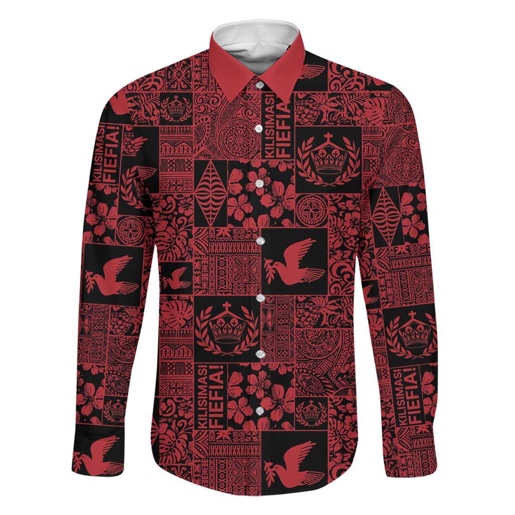 Black Tonga Kilisimasi Fiefia Family Matching Long Sleeve Bodycon Dress and Hawaiian Shirt Pacific Patchwork Xmas Vibes LT9 Dad's Shirt - Long Sleeve Black - Polynesian Pride