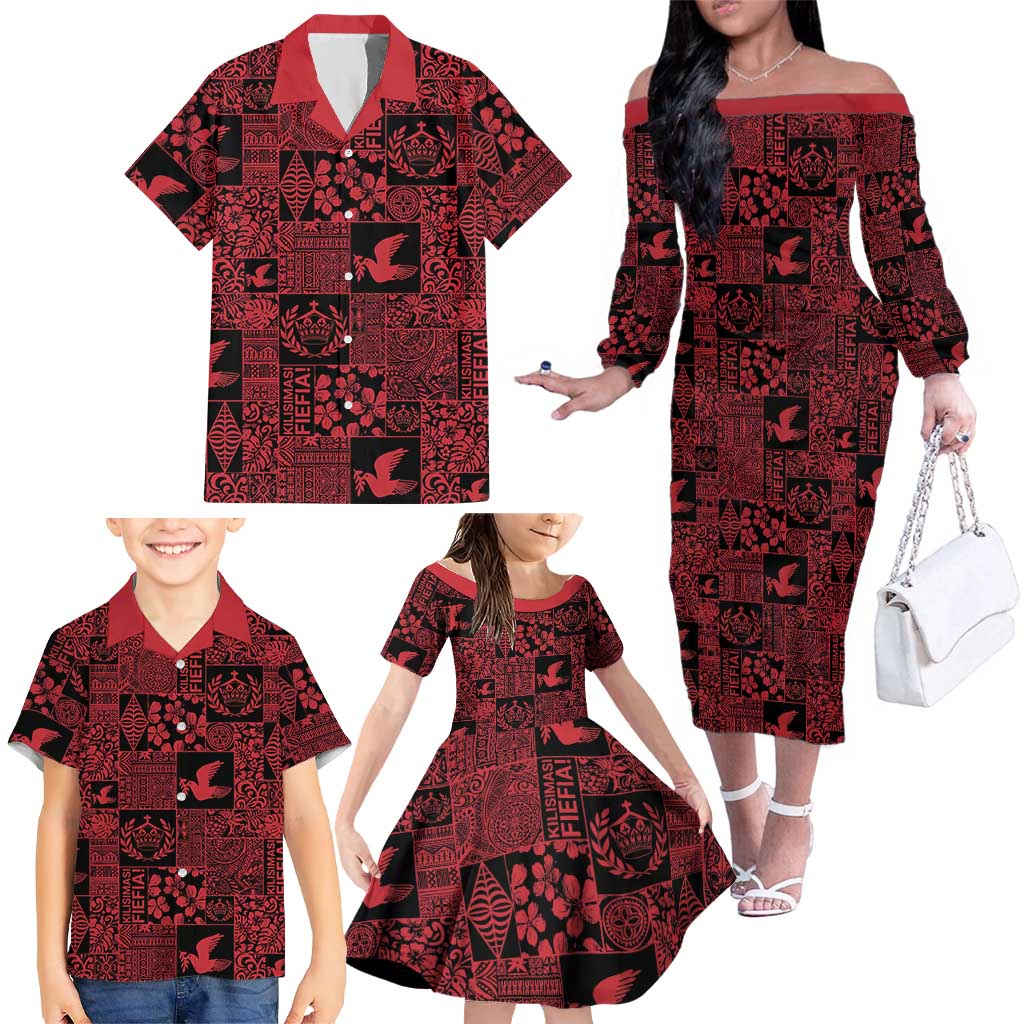 Black Tonga Kilisimasi Fiefia Family Matching Off The Shoulder Long Sleeve Dress and Hawaiian Shirt Pacific Patchwork Xmas Vibes - Polynesian Pride