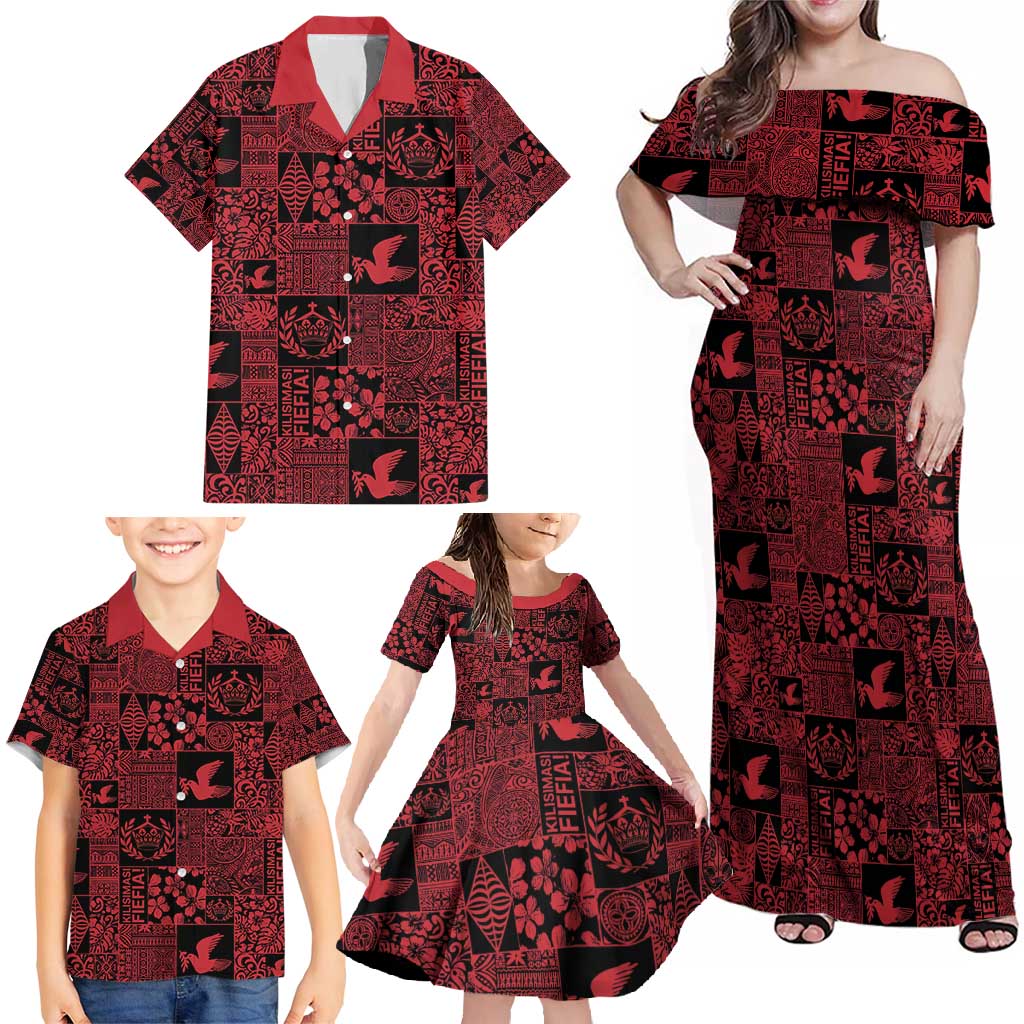 Black Tonga Kilisimasi Fiefia Family Matching Off Shoulder Maxi Dress and Hawaiian Shirt Pacific Patchwork Xmas Vibes - Polynesian Pride