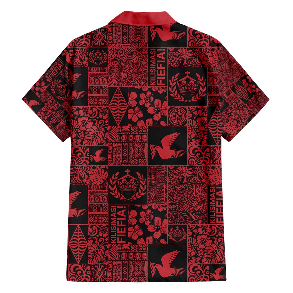 Black Tonga Kilisimasi Fiefia Family Matching Off Shoulder Short Dress and Hawaiian Shirt Pacific Patchwork Xmas Vibes - Polynesian Pride