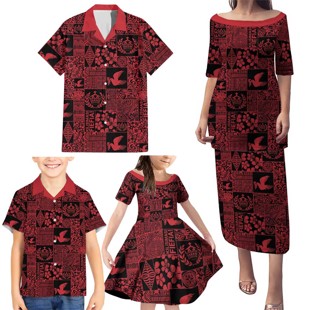 Black Tonga Kilisimasi Fiefia Family Matching Puletasi and Hawaiian Shirt Pacific Patchwork Xmas Vibes - Polynesian Pride