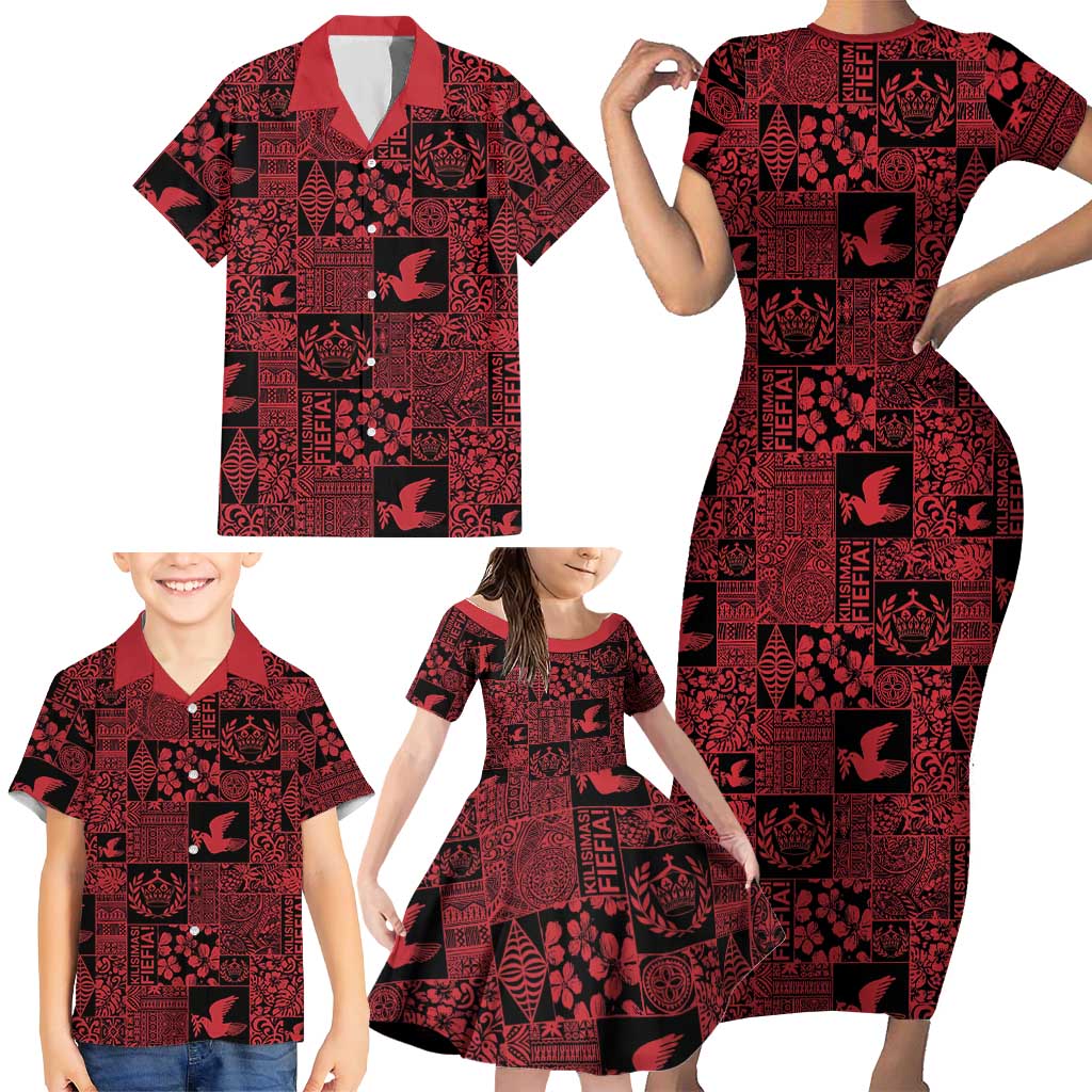 Black Tonga Kilisimasi Fiefia Family Matching Short Sleeve Bodycon Dress and Hawaiian Shirt Pacific Patchwork Xmas Vibes - Polynesian Pride
