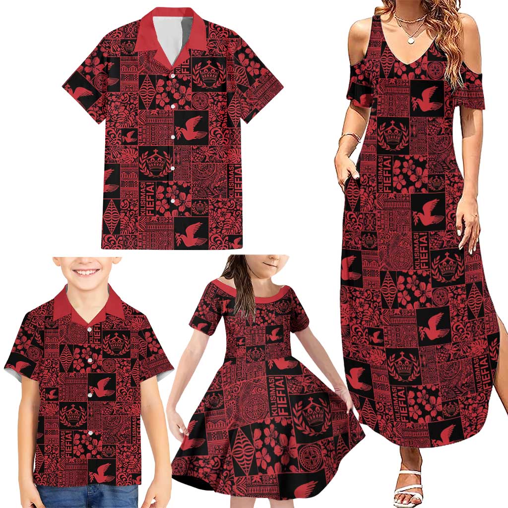Black Tonga Kilisimasi Fiefia Family Matching Summer Maxi Dress and Hawaiian Shirt Pacific Patchwork Xmas Vibes - Polynesian Pride