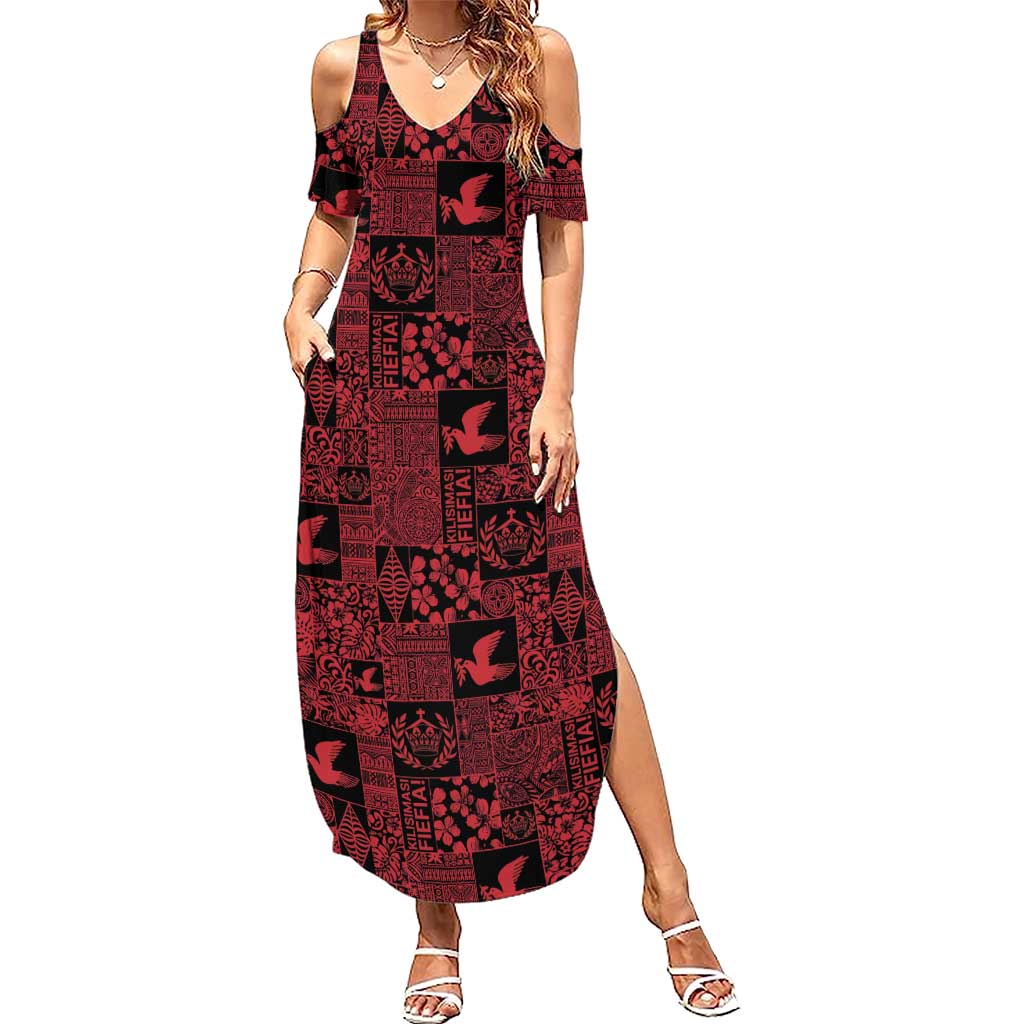 Black Tonga Kilisimasi Fiefia Family Matching Summer Maxi Dress and Hawaiian Shirt Pacific Patchwork Xmas Vibes LT9 Mom's Dress Black - Polynesian Pride