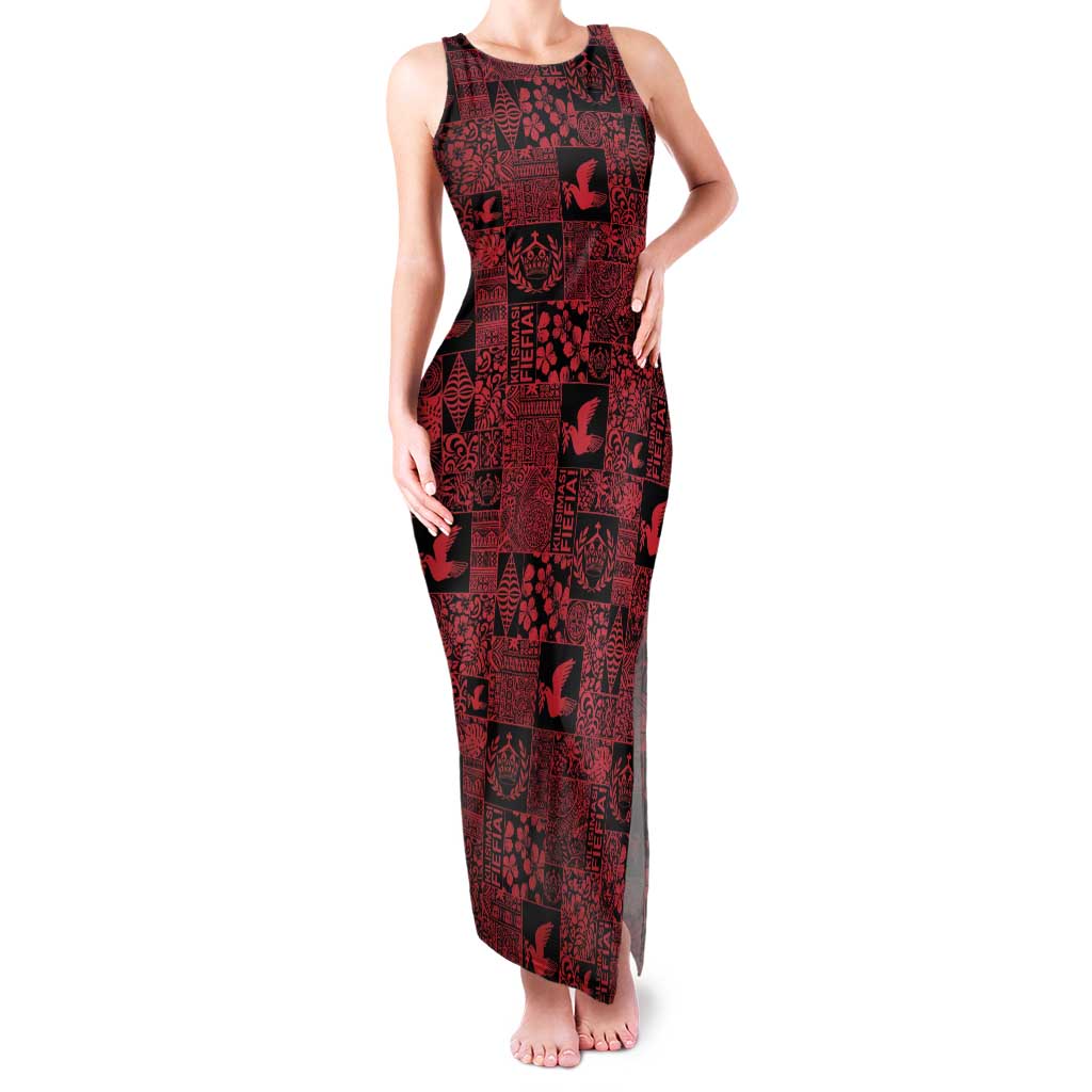 Black Tonga Kilisimasi Fiefia Family Matching Tank Maxi Dress and Hawaiian Shirt Pacific Patchwork Xmas Vibes LT9 Mom's Dress Black - Polynesian Pride