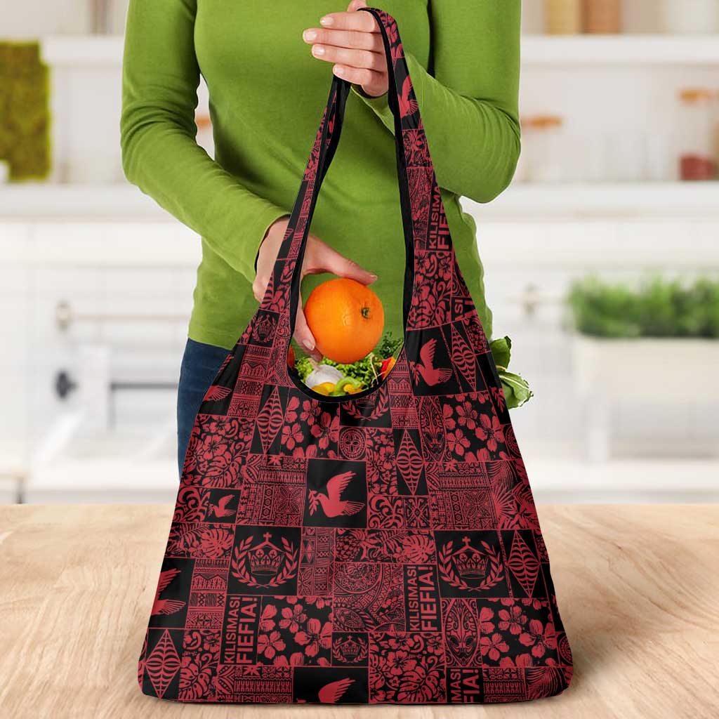 Black Tonga Kilisimasi Fiefia Grocery Bag Pacific Patchwork Xmas Vibes - Polynesian Pride