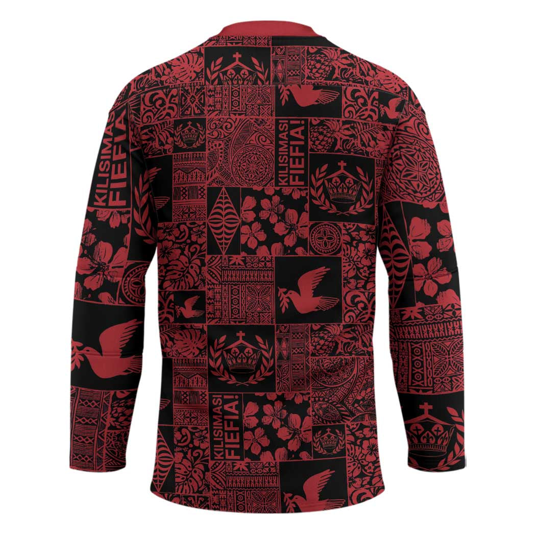 Black Tonga Kilisimasi Fiefia Hockey Jersey Pacific Patchwork Xmas Vibes - Polynesian Pride