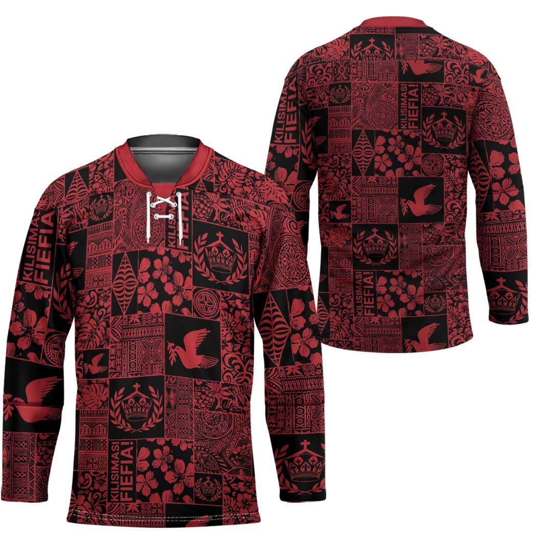 Black Tonga Kilisimasi Fiefia Hockey Jersey Pacific Patchwork Xmas Vibes - Polynesian Pride