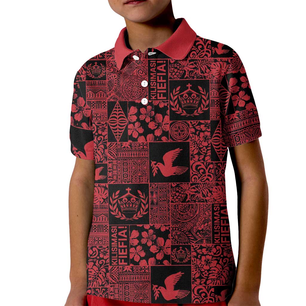 Black Tonga Kilisimasi Fiefia Kid Polo Shirt Pacific Patchwork Xmas Vibes LT9 Kid Black - Polynesian Pride