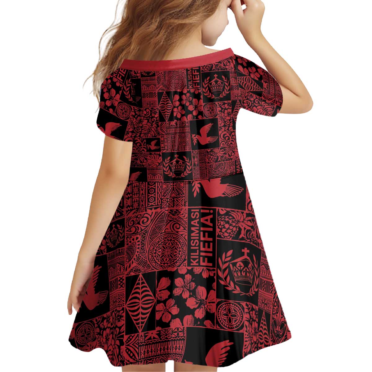 Black Tonga Kilisimasi Fiefia Kid Short Sleeve Dress Pacific Patchwork Xmas Vibes - Polynesian Pride