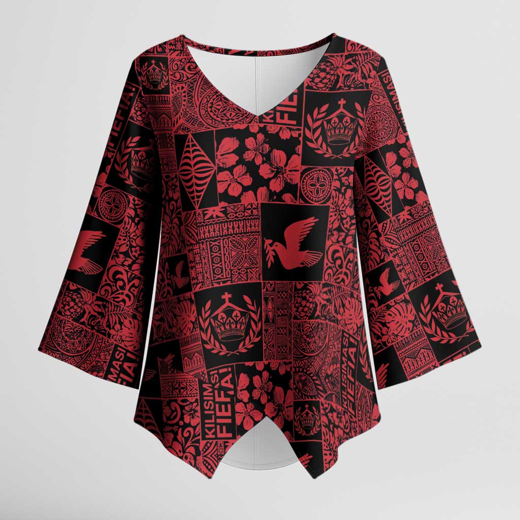 Black Tonga Kilisimasi Fiefia Kimono Sleeve Blouse Pacific Patchwork Xmas Vibes LT9 Female Black - Polynesian Pride