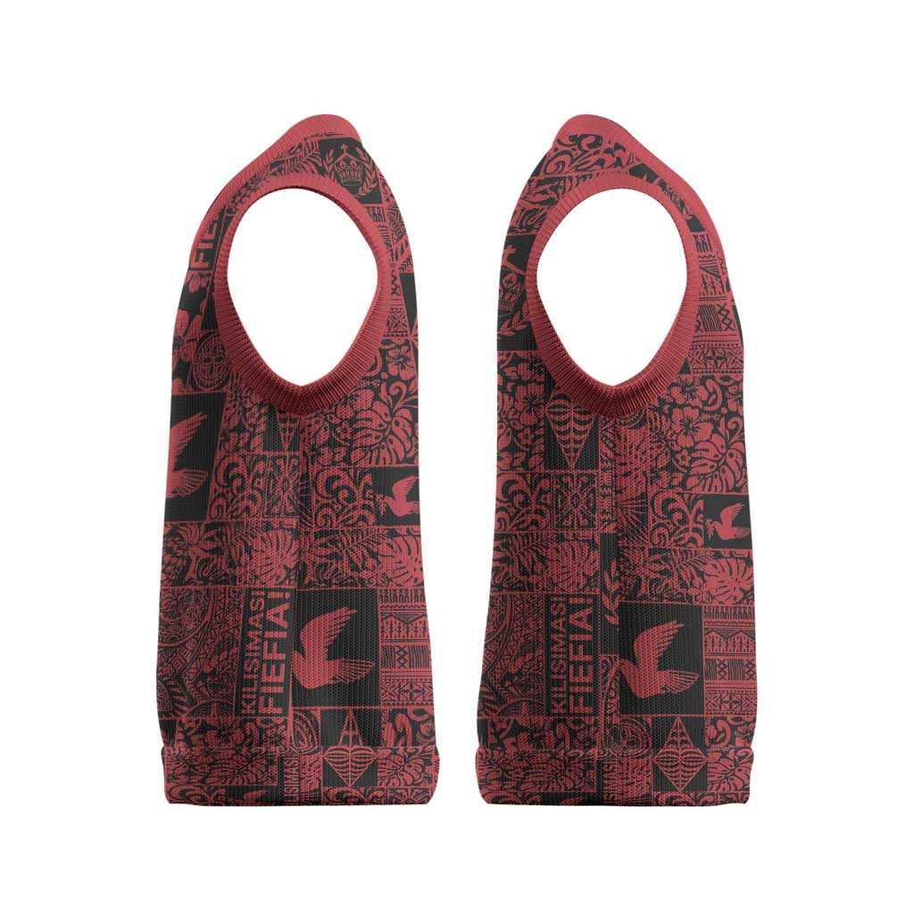Black Tonga Kilisimasi Fiefia Christmas Knitted V-Neck Vest Pacific Patchwork Xmas Vibes - Polynesian Pride