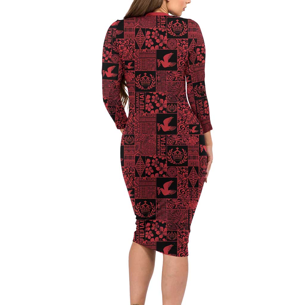 Black Tonga Kilisimasi Fiefia Long Sleeve Bodycon Dress Pacific Patchwork Xmas Vibes - Polynesian Pride