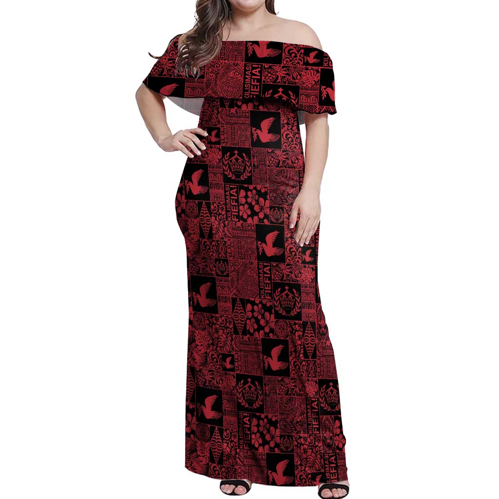 Black Tonga Kilisimasi Fiefia Off Shoulder Maxi Dress Pacific Patchwork Xmas Vibes LT9 Women Black - Polynesian Pride