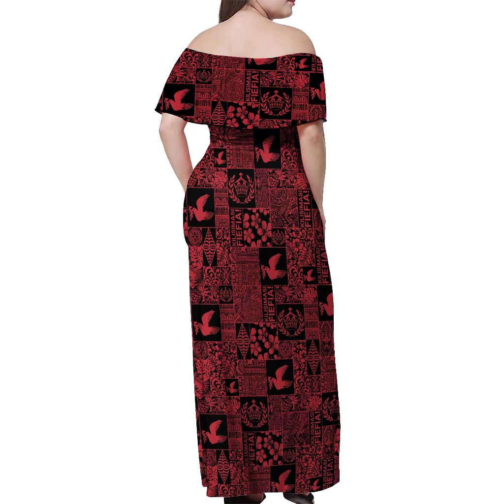 Black Tonga Kilisimasi Fiefia Off Shoulder Maxi Dress Pacific Patchwork Xmas Vibes LT9 - Polynesian Pride