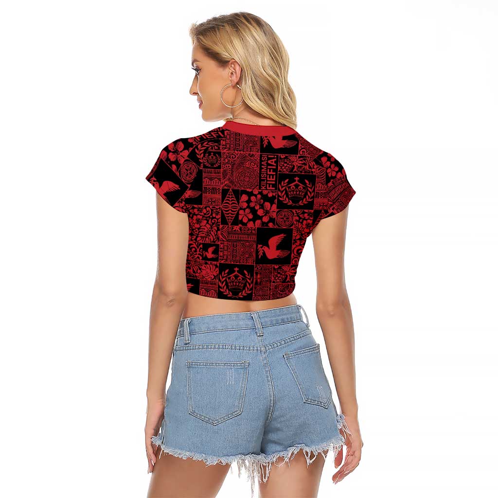 Black Tonga Kilisimasi Fiefia Raglan Cropped T Shirt Pacific Patchwork Xmas Vibes - Polynesian Pride
