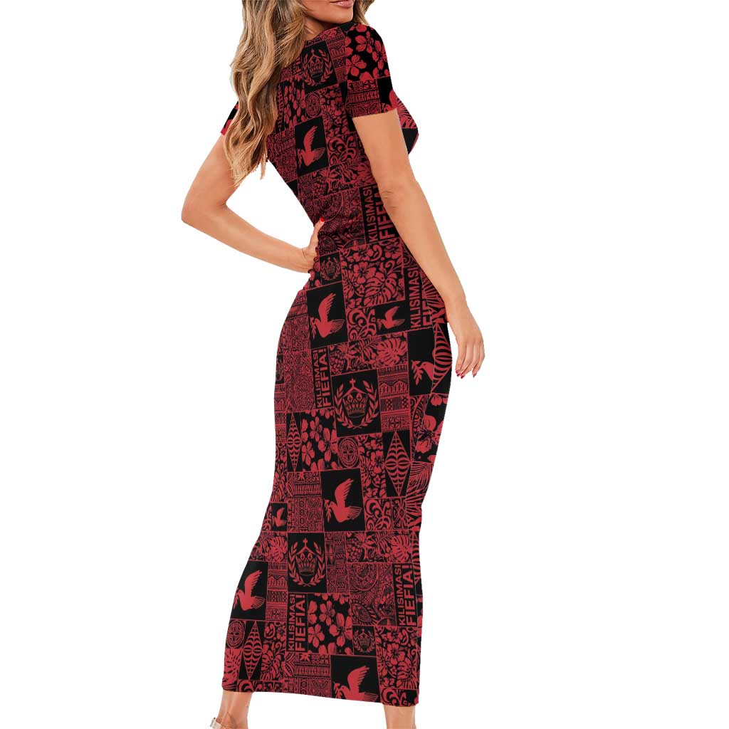 Black Tonga Kilisimasi Fiefia Short Sleeve Bodycon Dress Pacific Patchwork Xmas Vibes - Polynesian Pride
