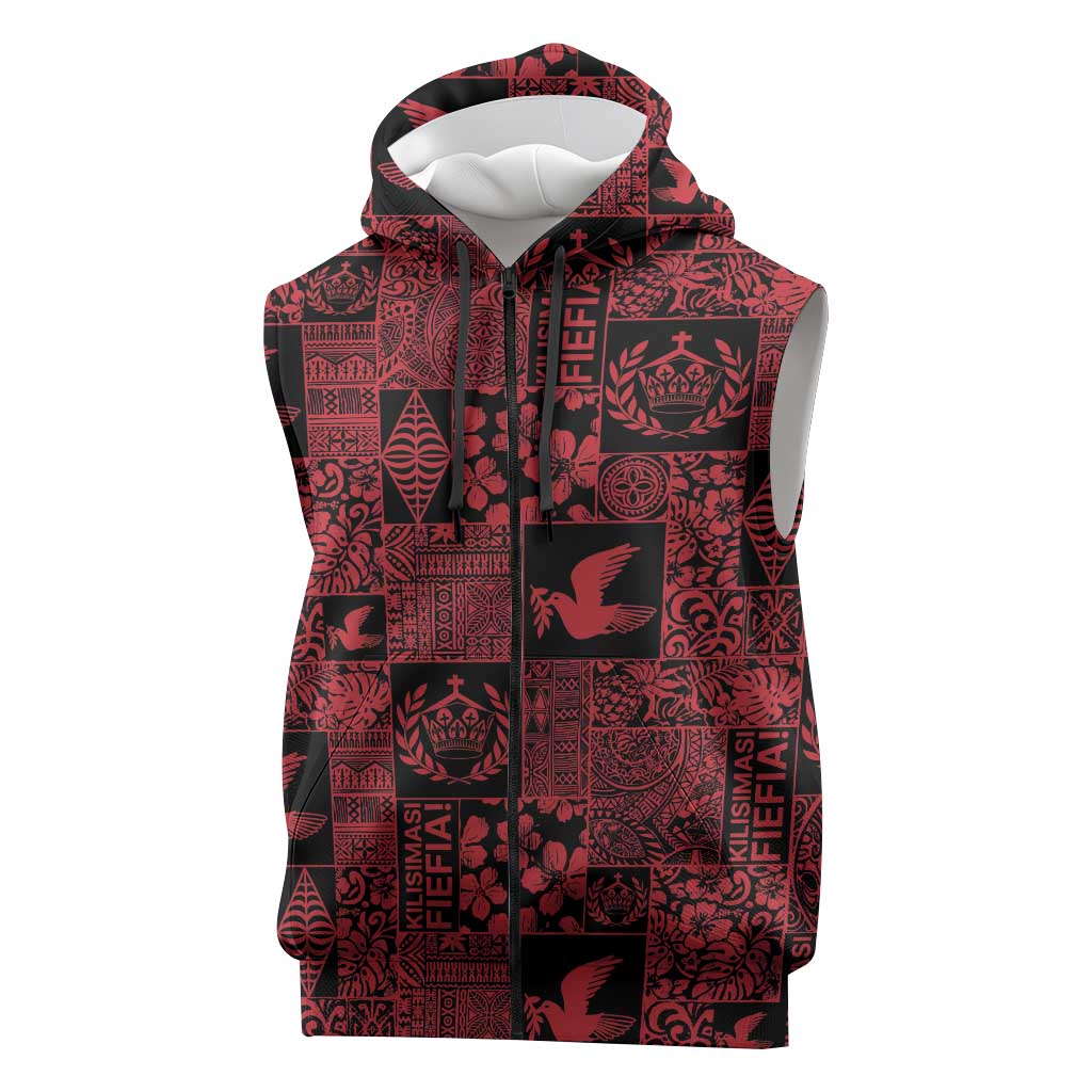 Black Tonga Kilisimasi Fiefia Sleeveless Zip Hoodie Pacific Patchwork Xmas Vibes - Polynesian Pride