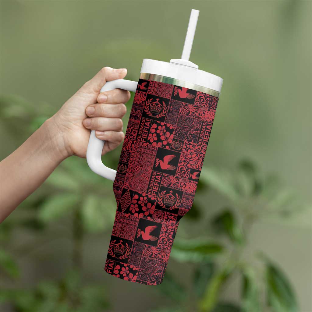 Black Tonga Kilisimasi Fiefia Tumbler With Handle Pacific Patchwork Xmas Vibes - Polynesian Pride
