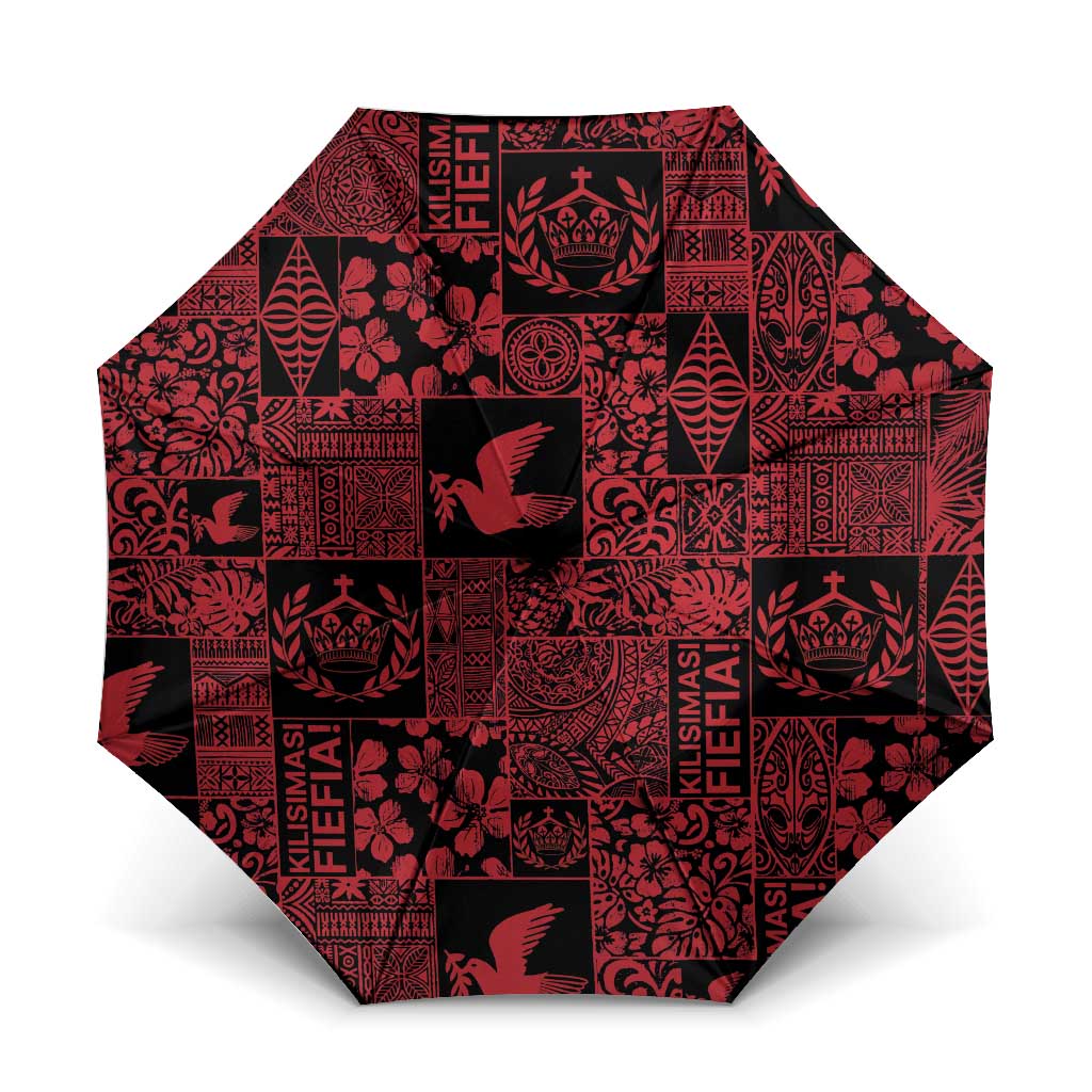 Black Tonga Kilisimasi Fiefia Umbrella Pacific Patchwork Xmas Vibes LT9 One Size Folded 11.42 inch Opened Diameter 37.4 inch Black - Polynesian Pride