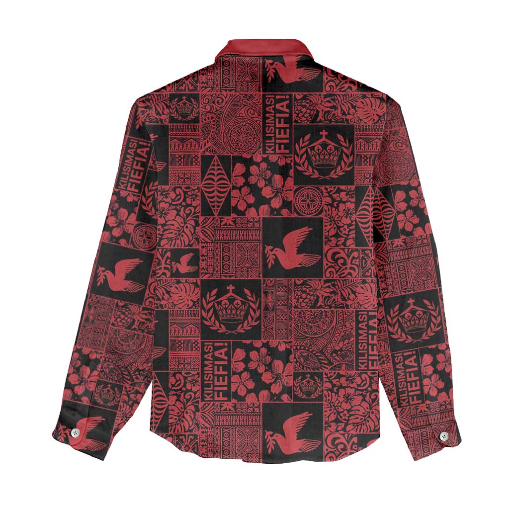 Black Tonga Kilisimasi Fiefia Women Casual Shirt Pacific Patchwork Xmas Vibes - Polynesian Pride