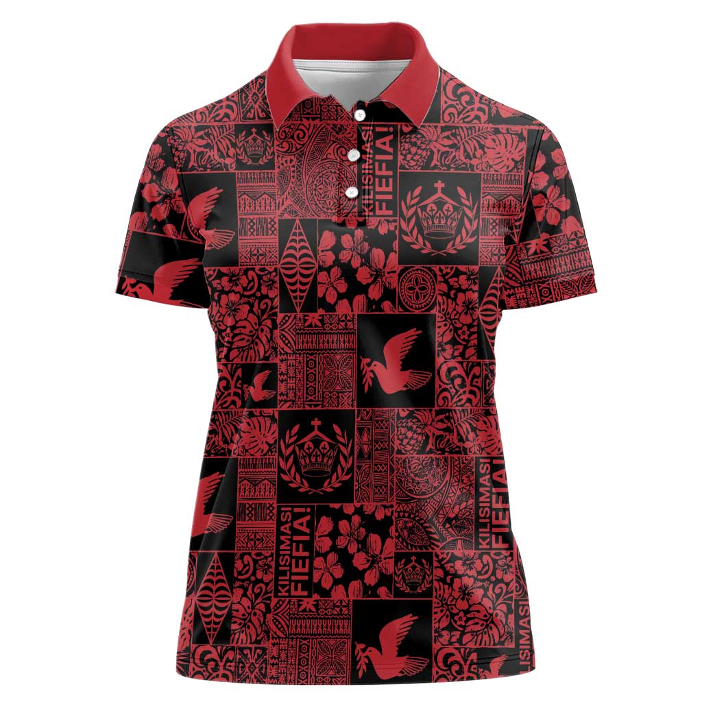 Black Tonga Kilisimasi Fiefia Women Polo Shirt Pacific Patchwork Xmas Vibes - Polynesian Pride