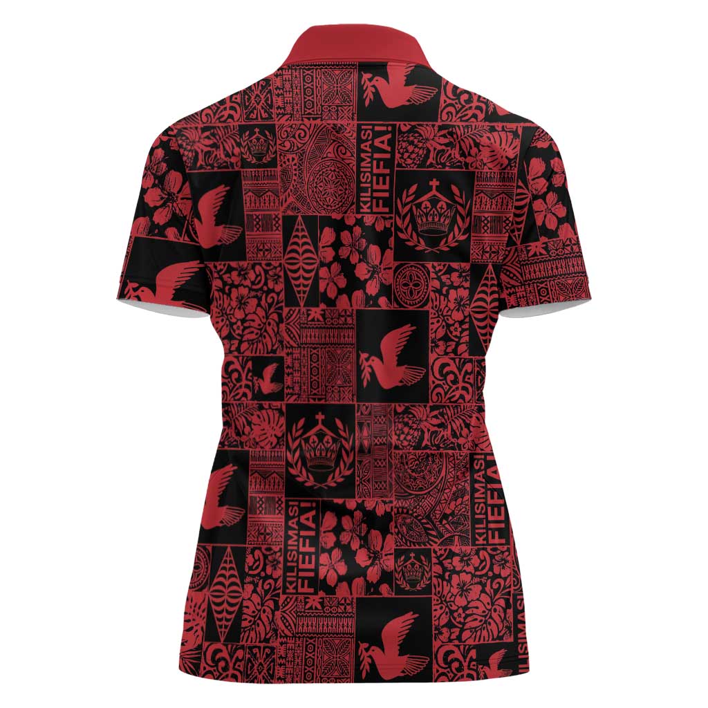 Black Tonga Kilisimasi Fiefia Women Polo Shirt Pacific Patchwork Xmas Vibes - Polynesian Pride
