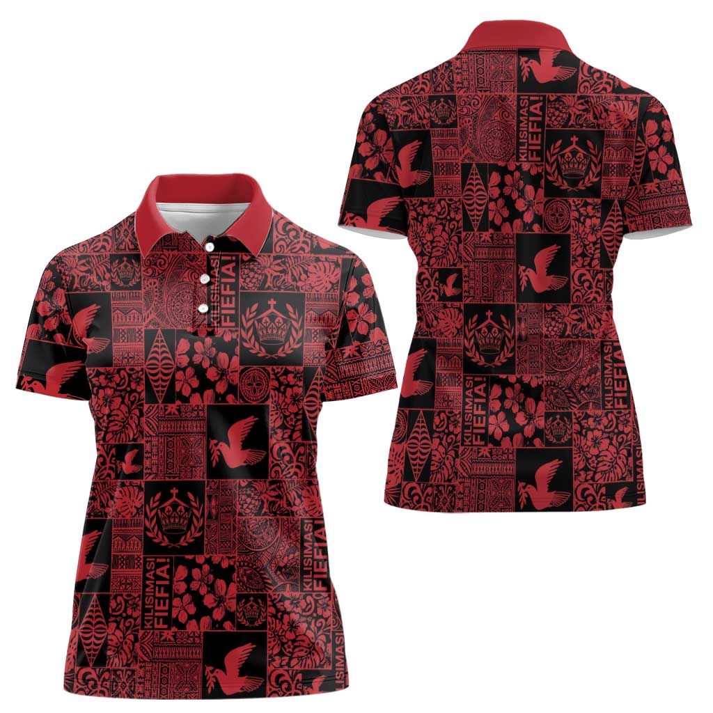 Black Tonga Kilisimasi Fiefia Women Polo Shirt Pacific Patchwork Xmas Vibes - Polynesian Pride