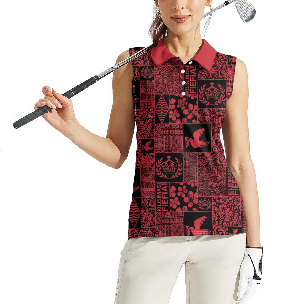 Black Tonga Kilisimasi Fiefia Women Sleeveless Polo Shirt Pacific Patchwork Xmas Vibes - Polynesian Pride
