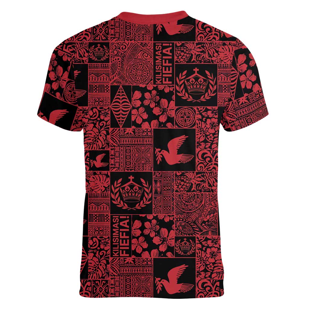 Black Tonga Kilisimasi Fiefia Women V-Neck T-Shirt Pacific Patchwork Xmas Vibes - Polynesian Pride