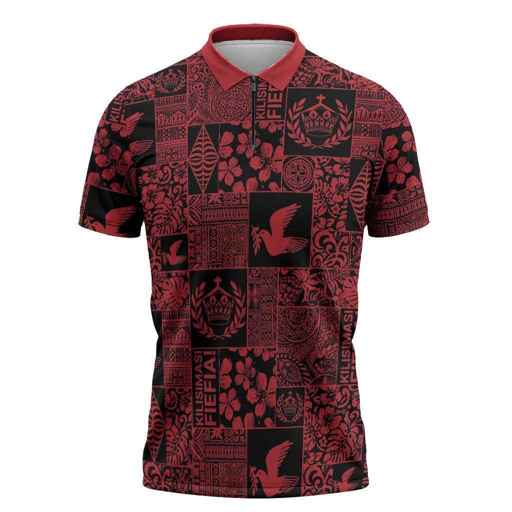 Black Tonga Kilisimasi Fiefia Zipper Polo Shirt Pacific Patchwork Xmas Vibes - Polynesian Pride