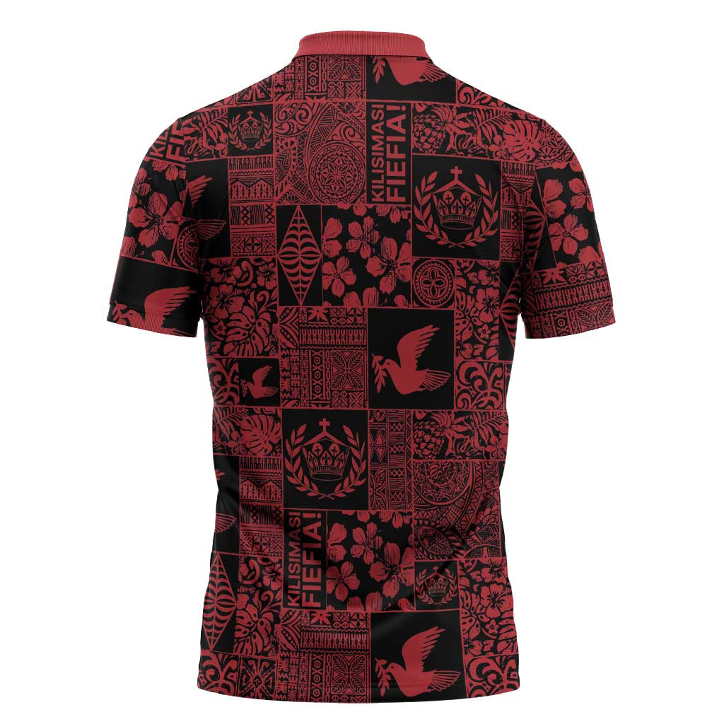 Black Tonga Kilisimasi Fiefia Zipper Polo Shirt Pacific Patchwork Xmas Vibes - Polynesian Pride