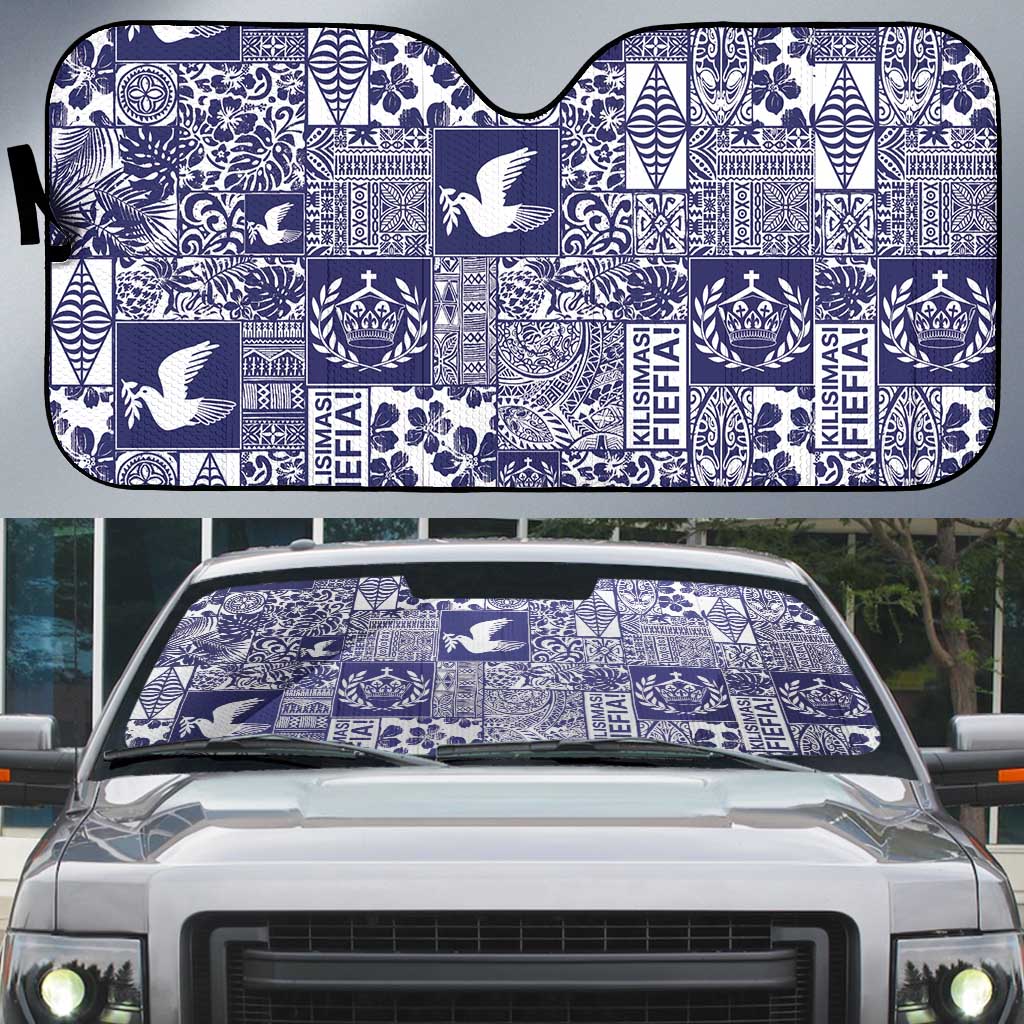 Blue Tonga Kilisimasi Fiefia Auto Sun Shade Pacific Patchwork Xmas Vibes LT9 Blue - Polynesian Pride