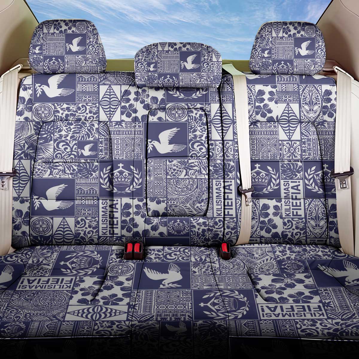 Blue Tonga Kilisimasi Fiefia Back Car Seat Cover Pacific Patchwork Xmas Vibes LT9 One Size Blue - Polynesian Pride