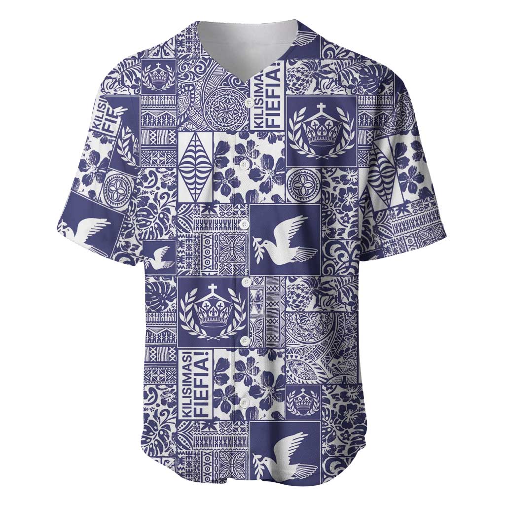 Blue Tonga Kilisimasi Fiefia Baseball Jersey Pacific Patchwork Xmas Vibes - Polynesian Pride