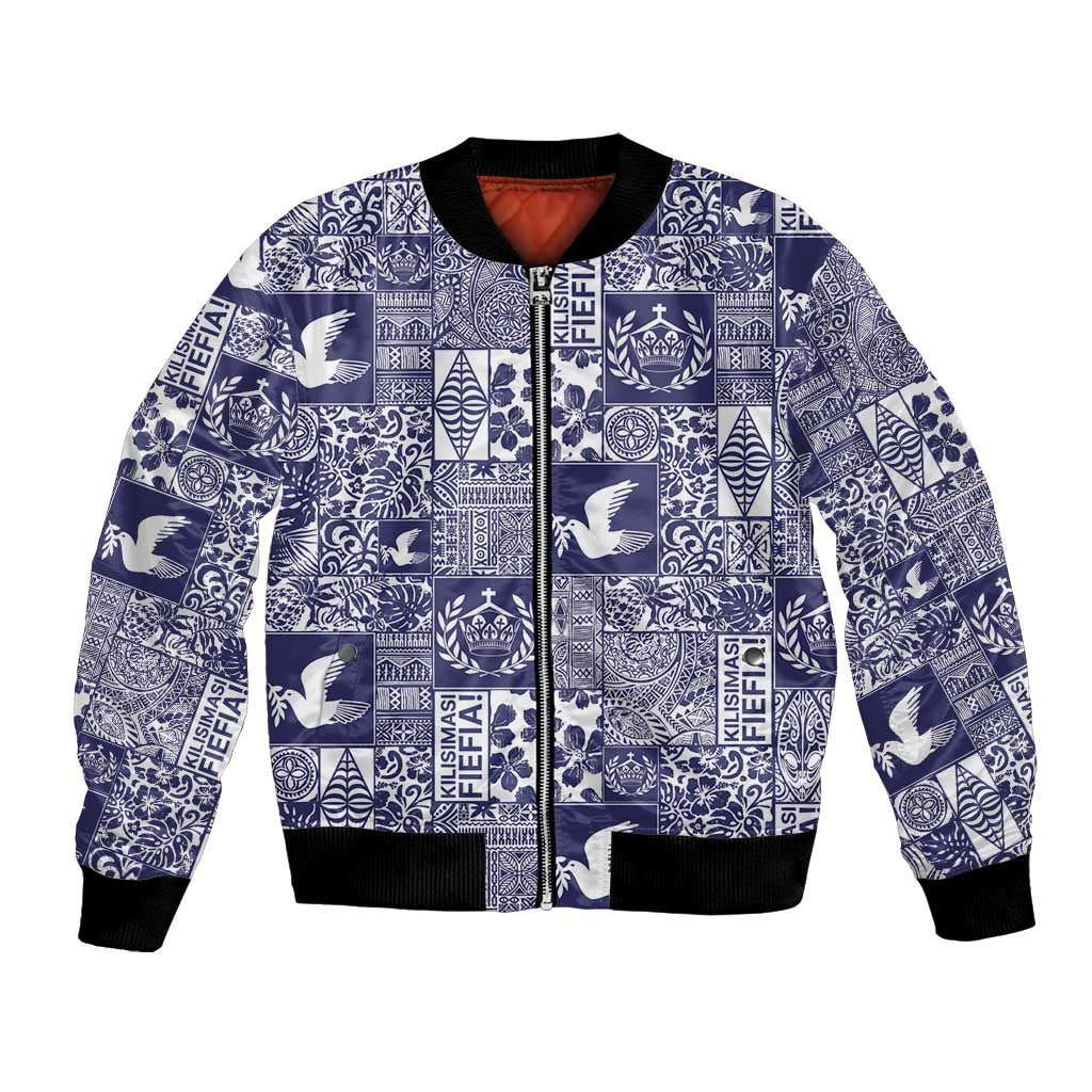 Blue Tonga Kilisimasi Fiefia Bomber Jacket Pacific Patchwork Xmas Vibes LT9 Unisex Blue - Polynesian Pride