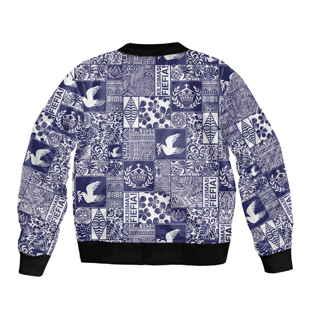 Blue Tonga Kilisimasi Fiefia Bomber Jacket Pacific Patchwork Xmas Vibes LT9 - Polynesian Pride