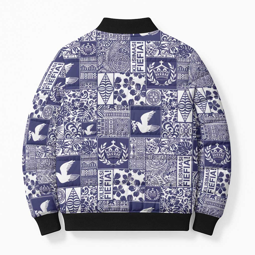 Blue Tonga Kilisimasi Fiefia Bomber Puffer Jacket Pacific Patchwork Xmas Vibes - Polynesian Pride